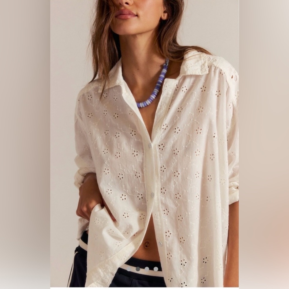 Free People We The Free Mae Eyelet Shirt Cottagecore Whimsical Size XL